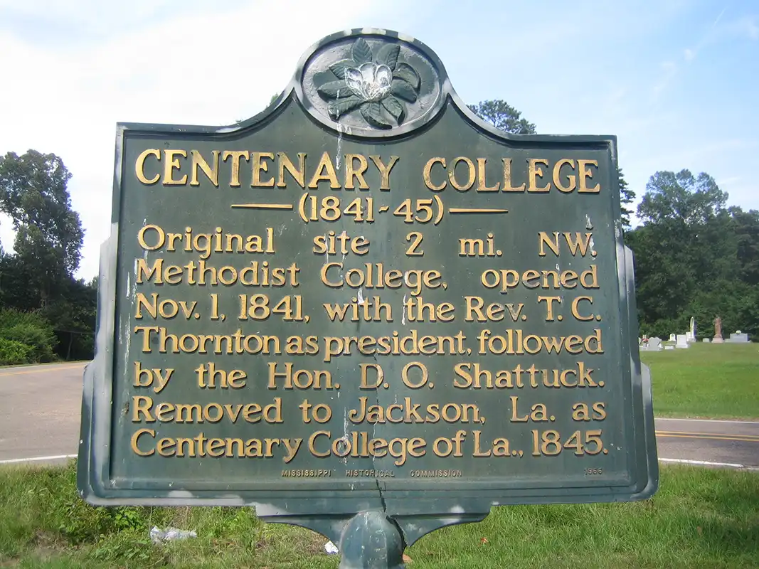 This marker for Centenary College is on old Highway 80 between Brandon and Pelahatchie at the junction with Gulde Shiloh Road.