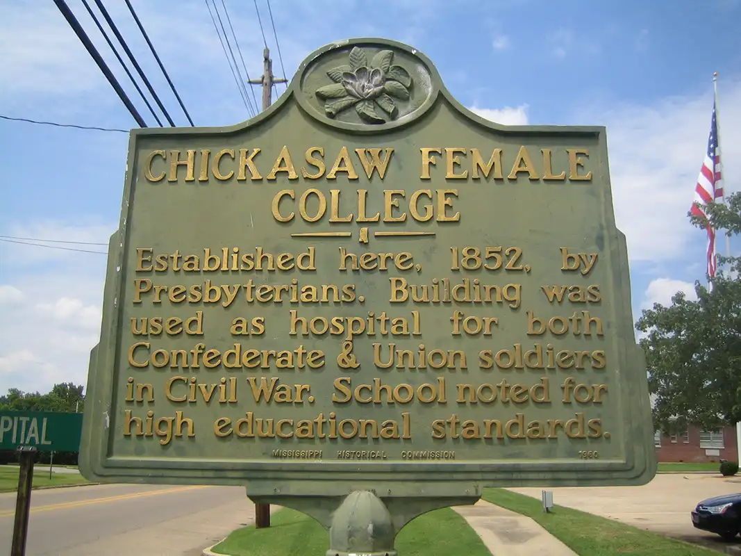 This marker for Chickasaw Female College is on S. Main Street in Pontotoc, about a mile south of the post office.