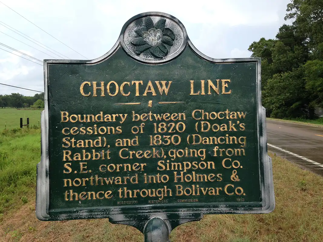 The Choctaw Line marker is on Highway 80 near Pelahatchie.