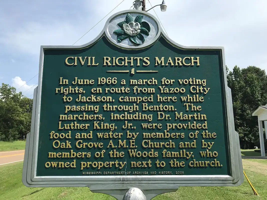 This marker, Civil Rights March, is in front of Oak Grove AME Church on Highway 16 southeast of Benton.