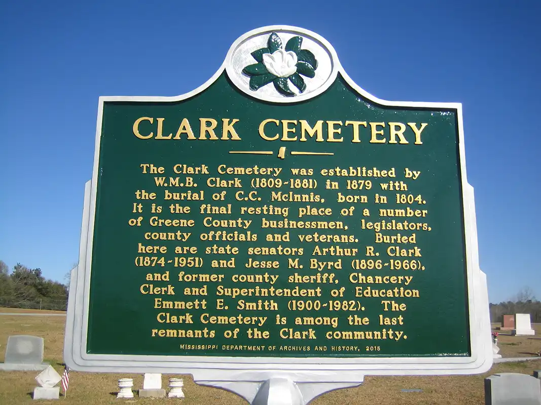 Clark Cemetery is near 10483 Old Avera Road, south of Clark's Chapel United Methodist Church, in State Line (north of Leakesville in Greene County).