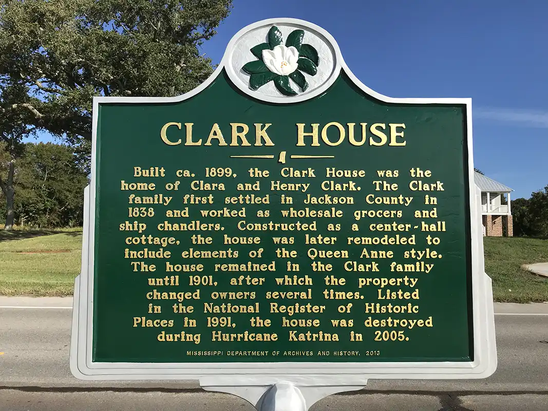 The Clark House marker is at 1709 Beach Boulevard in Pascagoula.