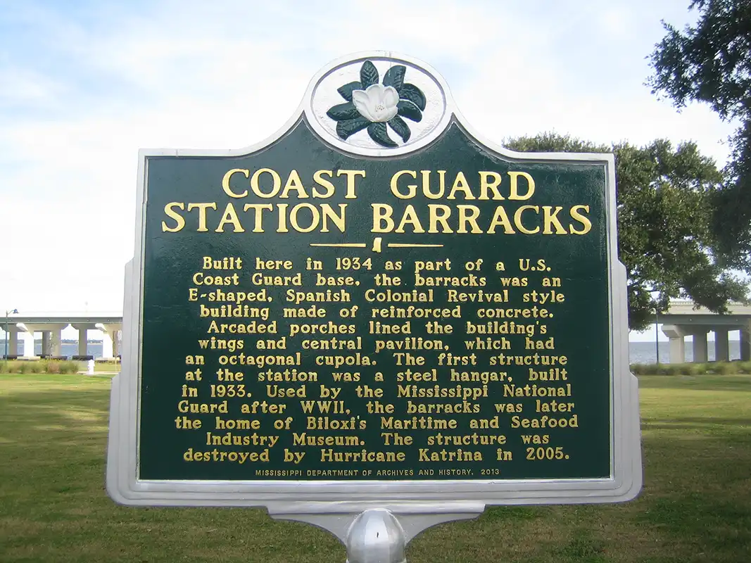 This marker for Coast Guard Barracks is at the Maritime and Seafood Industry Museum at 1st and Cadet Street in Biloxi.