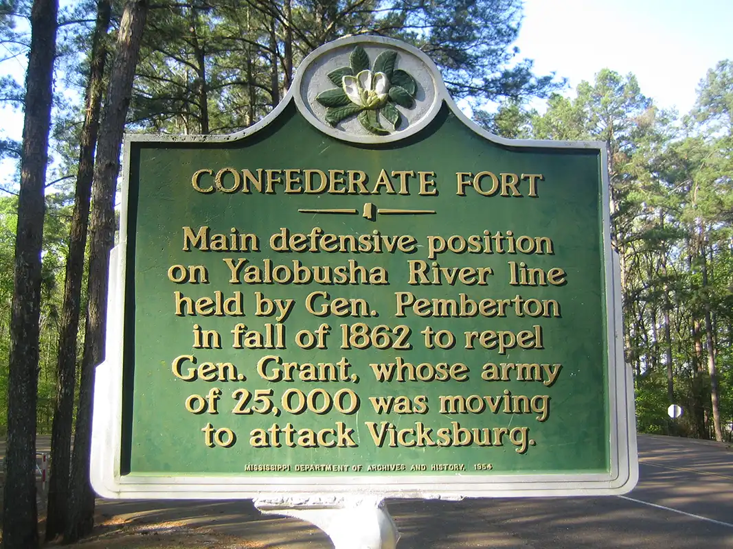 The Confederate Fort marker is on the Hwy 333 Scenic Loop at the eastern entrance to Grenada (off of Hwy 8).