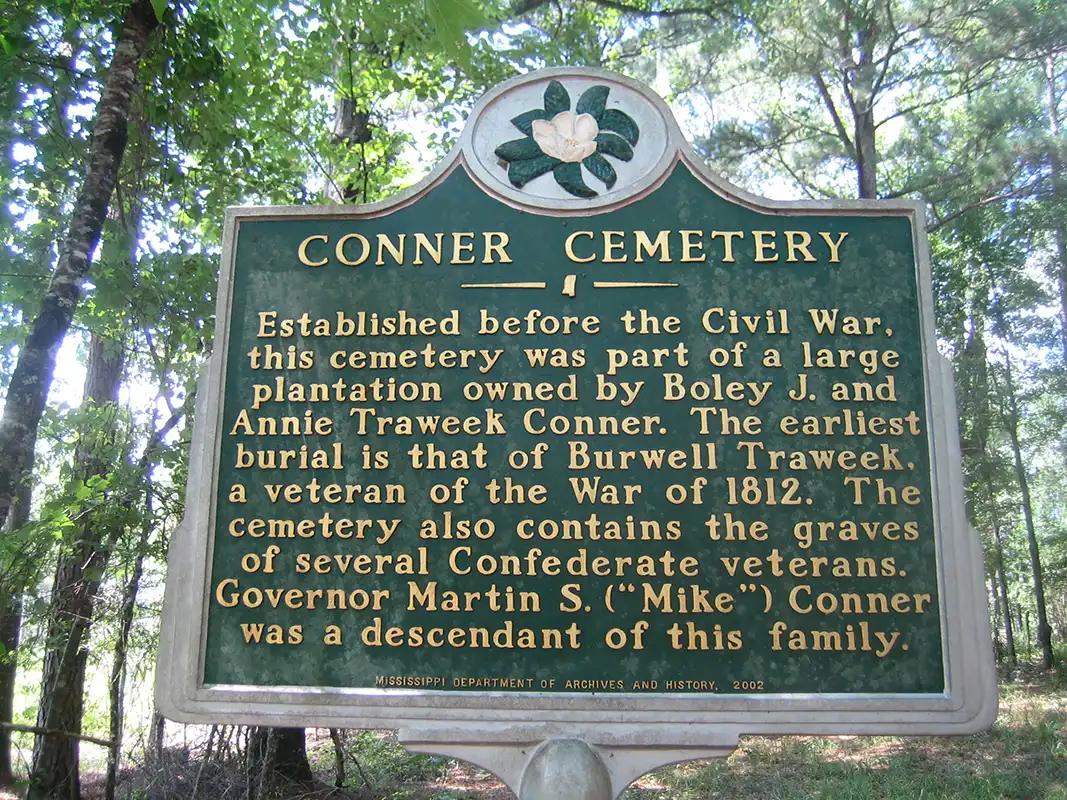 The Conner Cemetery marker is about 10 miles north of Kosciusko in Hesterville on County Road 3041.