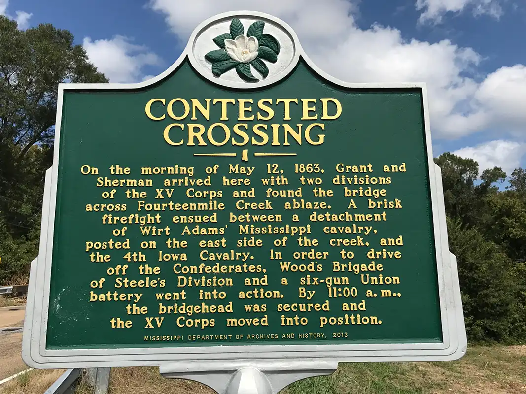 This marker, Contested Crossing, is at Old Port Gibson Road and Fourteen Mile Creek Bridge, about a half mile from Learned Road.