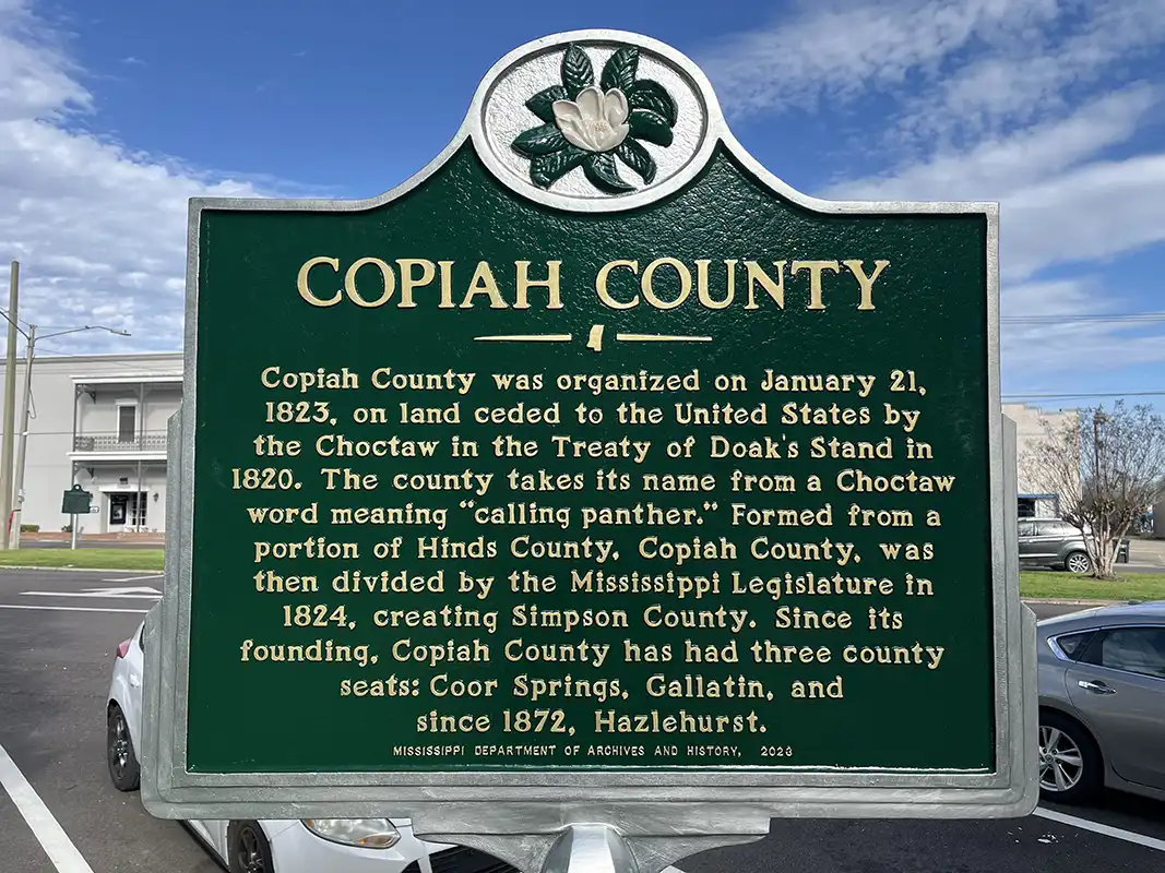 Copiah County marker is at the courthouse in Hazlehurst.