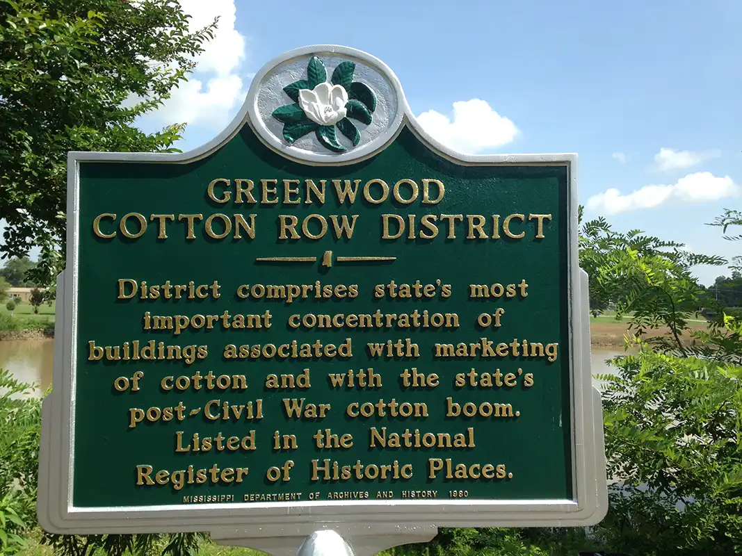 The Greenwood Cotton Row District marker is at 107 W. Front Street in Greenwood.