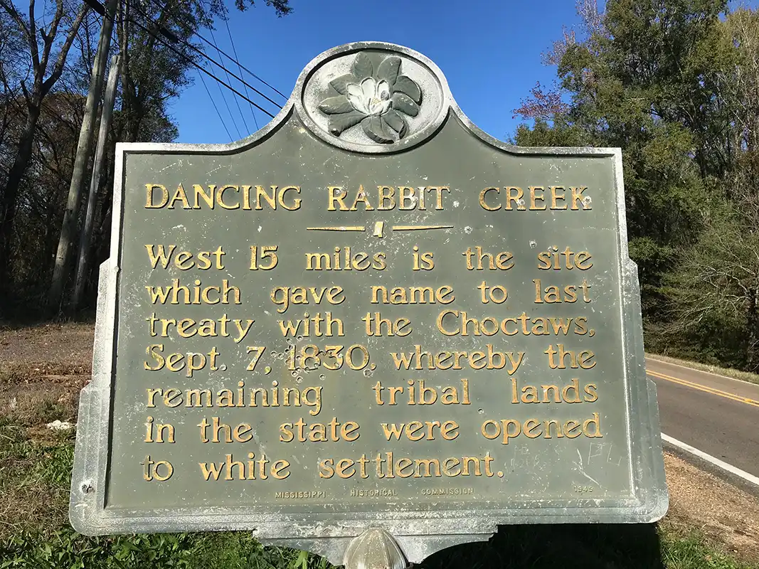 This sign for Dancing Rabbit Creek is on Old Highway 145 about a quarter mile south of the Noxubee County Courthouse in Macon.