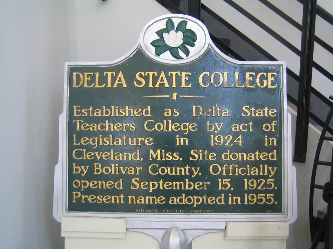 The Delta State College marker is inside the lobby of the Charles W. Capps, Jr. Archives and Museum Building on the campus of Delta State University.