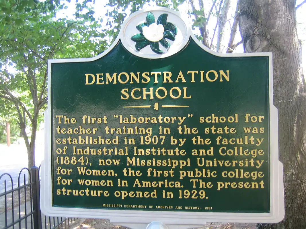 The Demonstration School marker is on the campus of Mississippi University for Women on S. 11th Street, near corner of 5th Avenue South.