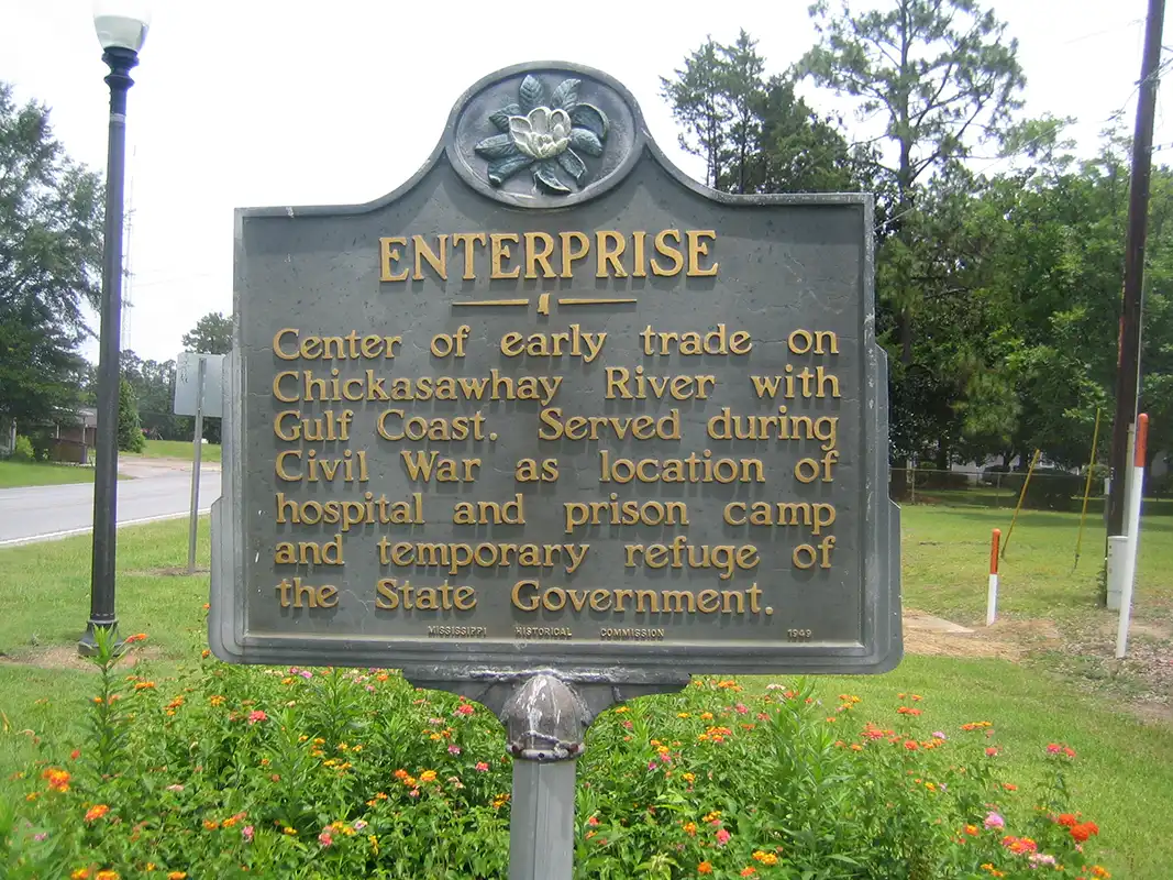 The Enterprise marker is in Enterprise, almost 20 miles south of Meridian on Highway 11.