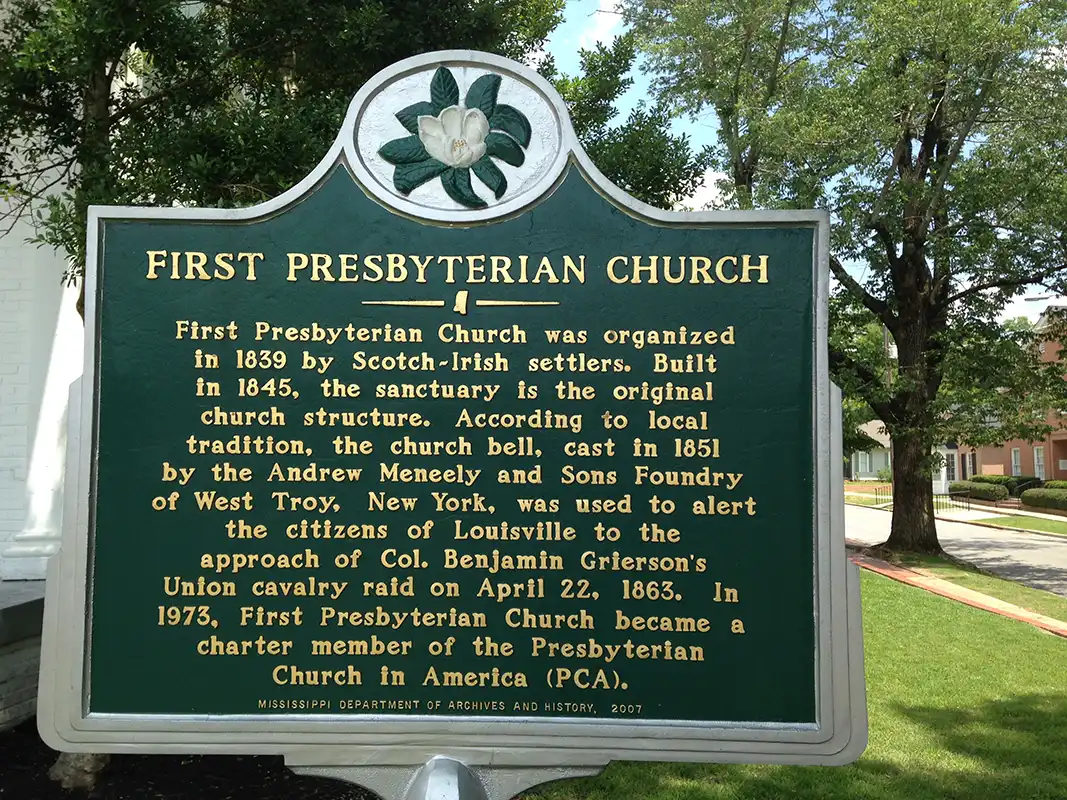 The First Presbyterian Church marker is at 121 South Columbus Avenue in Louisville.