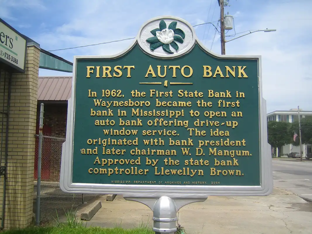 This marker, First Auto Bank, is at Azalea Drive (Highway 184) at Fagan Avenue in downtown Waynesboro.