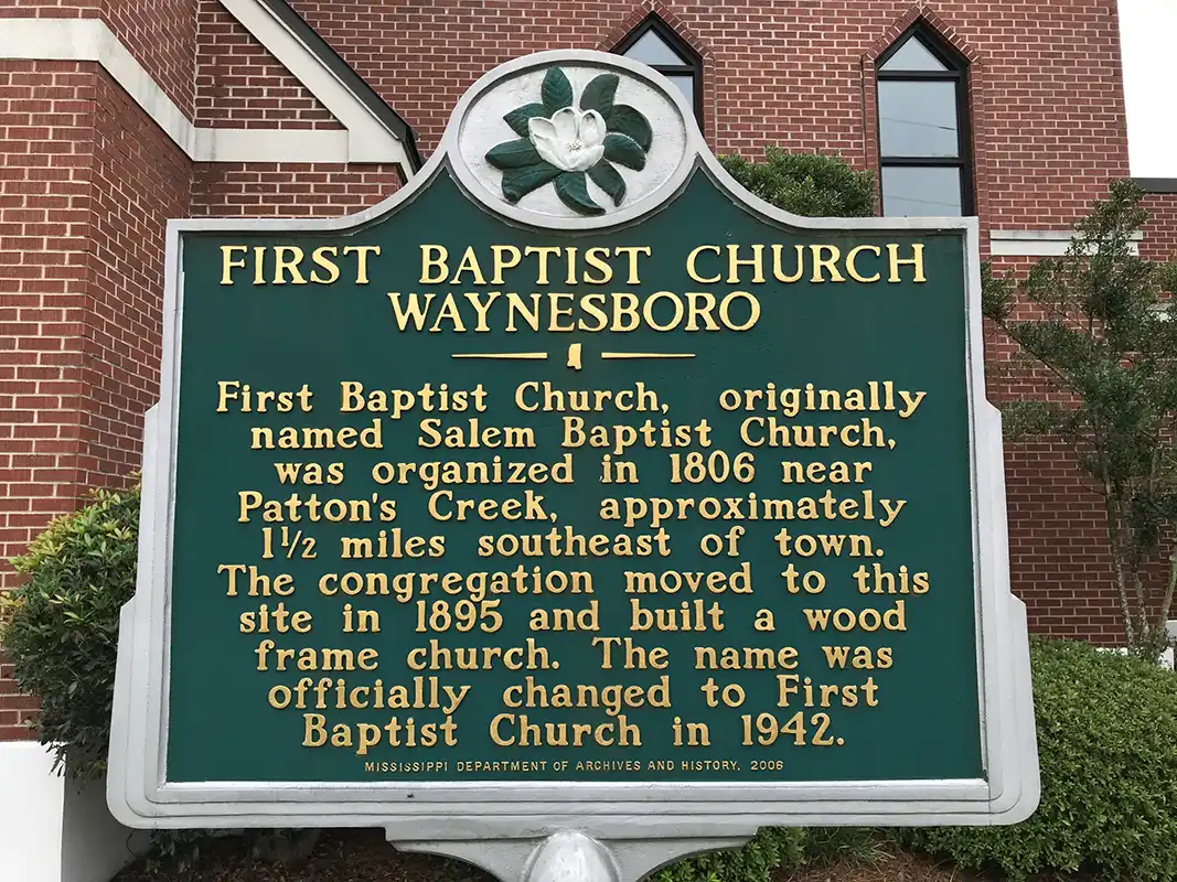 First Baptist Church is at Azalea Drive at Mississippi Drive (Highways 184 and 145 intersection) in Waynesboro.