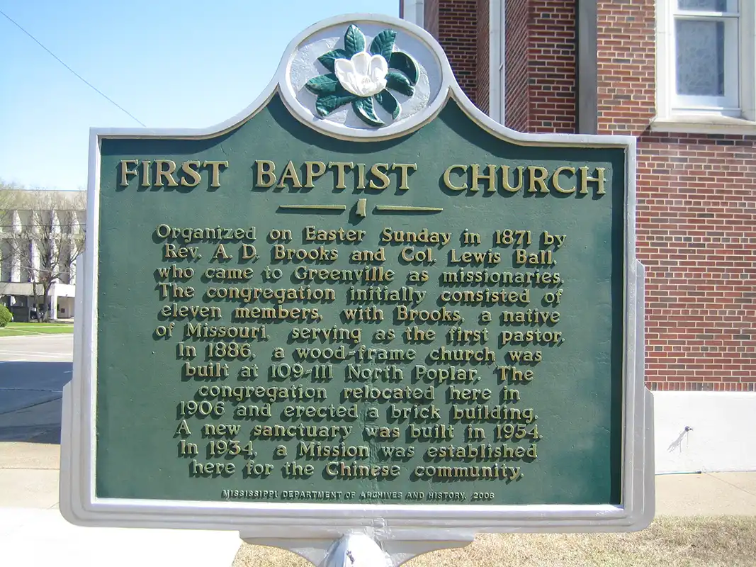 The First Baptist Church marker is at 407 Main Street in Greenville.
