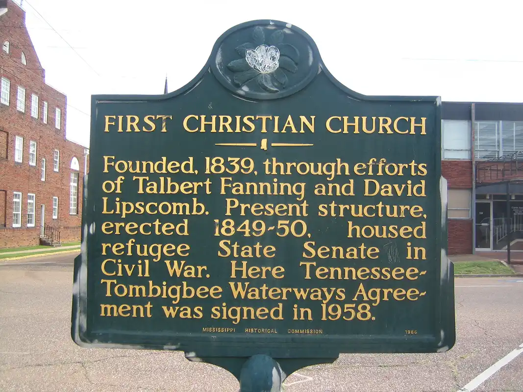 The First Christian Church marker is at the intersection of 2nd Avenue North and N. 6th Street in downtown Columbus.