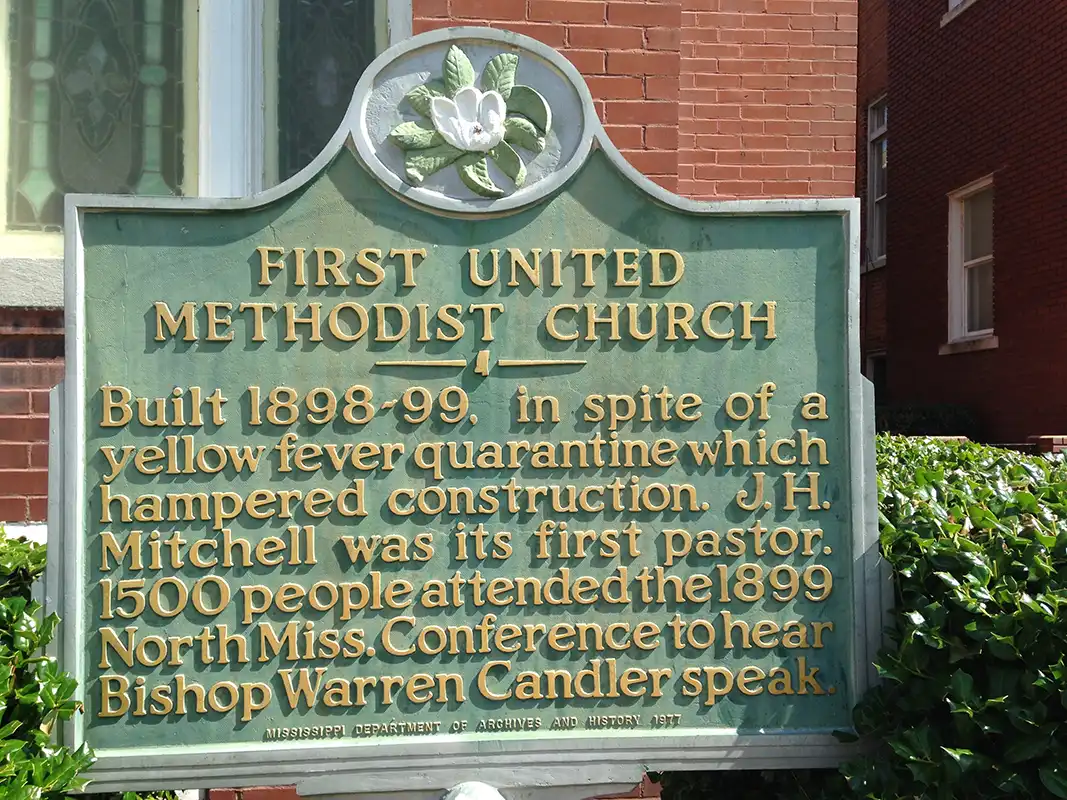 The First United Methodist Church marker is at 310 W. Washington Street in Greenwood.