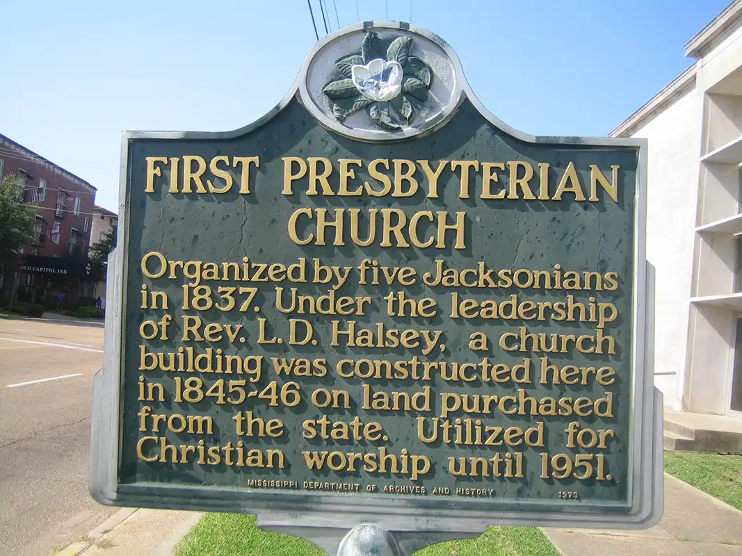 The marker for First Presbyterian Church is at the corner of N. State Street and Yazoo Street in downtown Jackson.