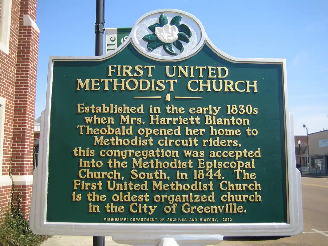 The First United Methodist Church marker is located at 402 Washington Avenue in downtown Greenville.