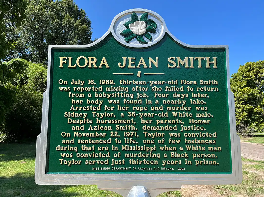 The Flora Jean Smith marker is located at the corner of Nelson Street and Shelby Street in Greenville.