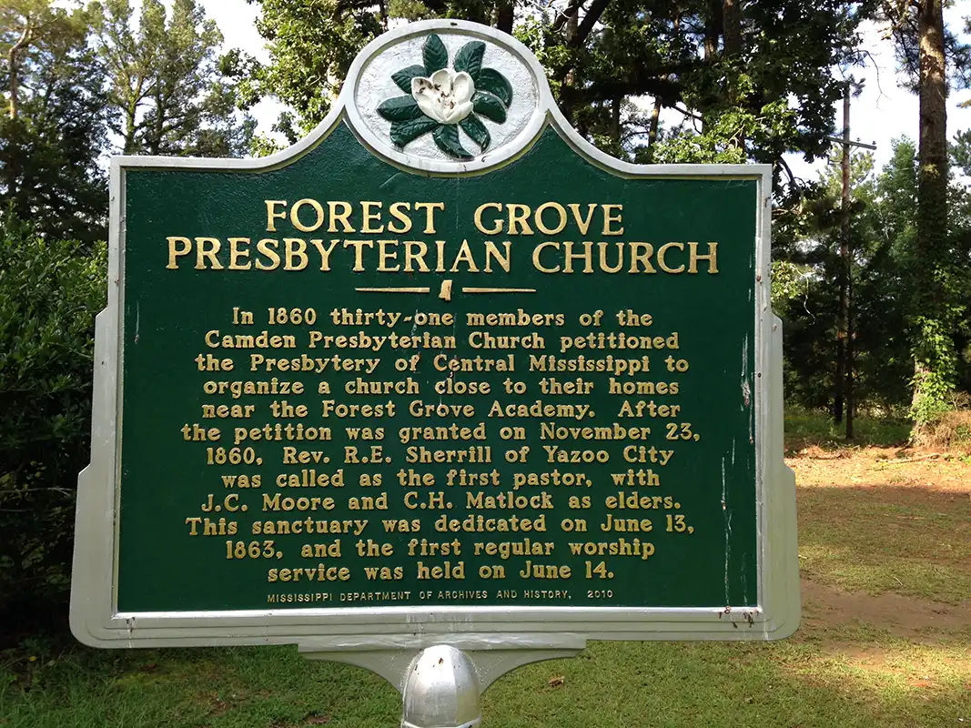 The Forest Grove Presbyterian Church marker is in Leake County near the Natchez Trace.