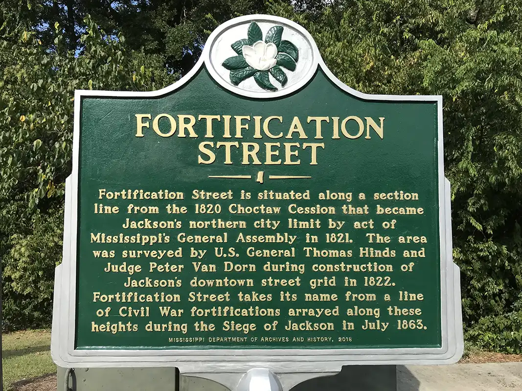 This marker is at the corner of Fortification Street and Greymont Avenue in the Belhaven neighborhood of Jackson.