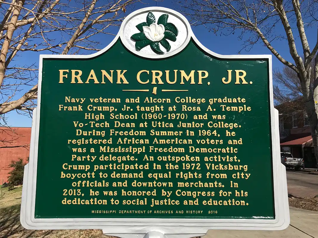 The marker for Frank Crump, Jr. is on the corner of Washington and Veto Streets in Vicksburg.
