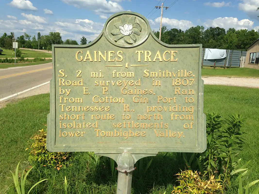 This marker is in Smithville, site of a devastating tornado in 2011. Edmund Pendleton Gaines surveyed the route after he testified in the Aaron Burr treason trial. The need for Gaines Trace diminished after Mobile port was opened by the War of 1812.
