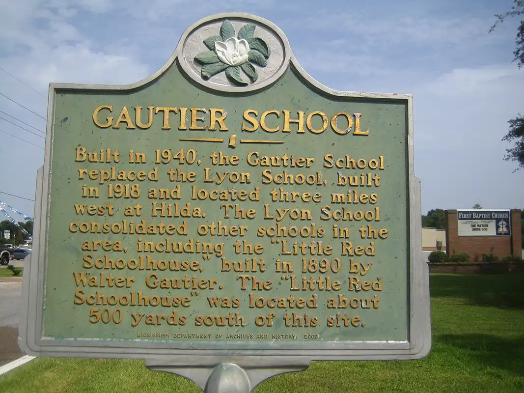 Gautier School marker is on De La Pointe Drive 0.1 miles south of U.S. 90 in Gautier.