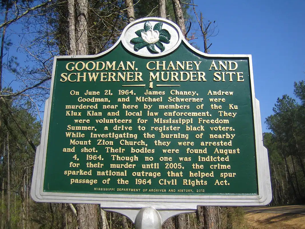 This marker for Goodman, Cheney and Schwerner is on Highway 19, about 10 miles south of Philadelphia at the intersection with County Road 515.