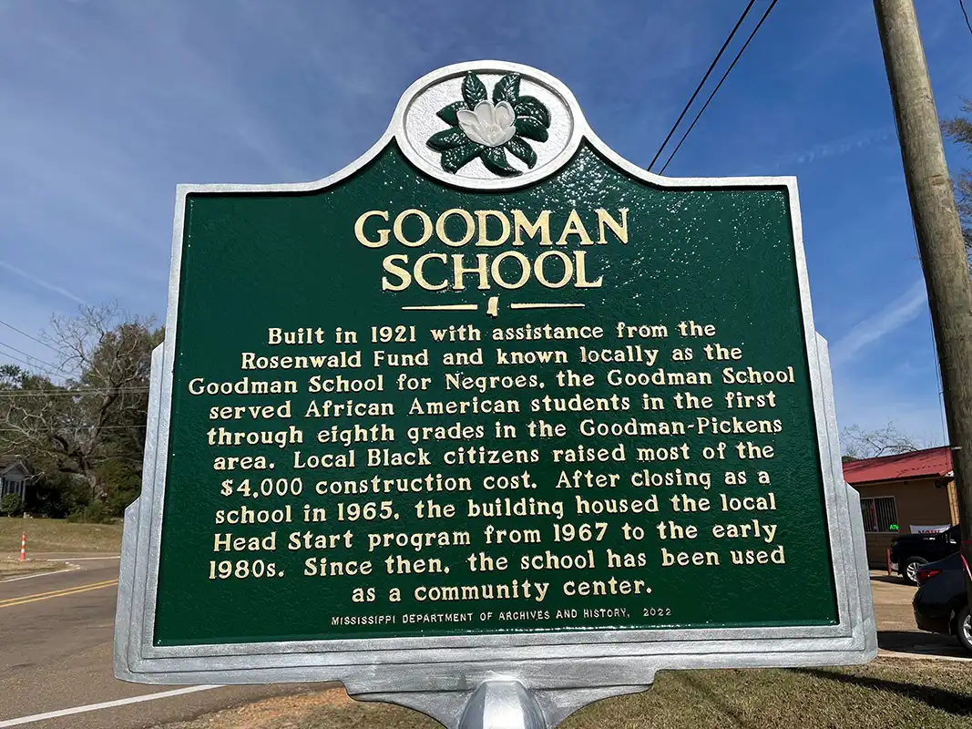 The Goodman School marker is at the corner of Highway 51 and Church Street in Goodman.
