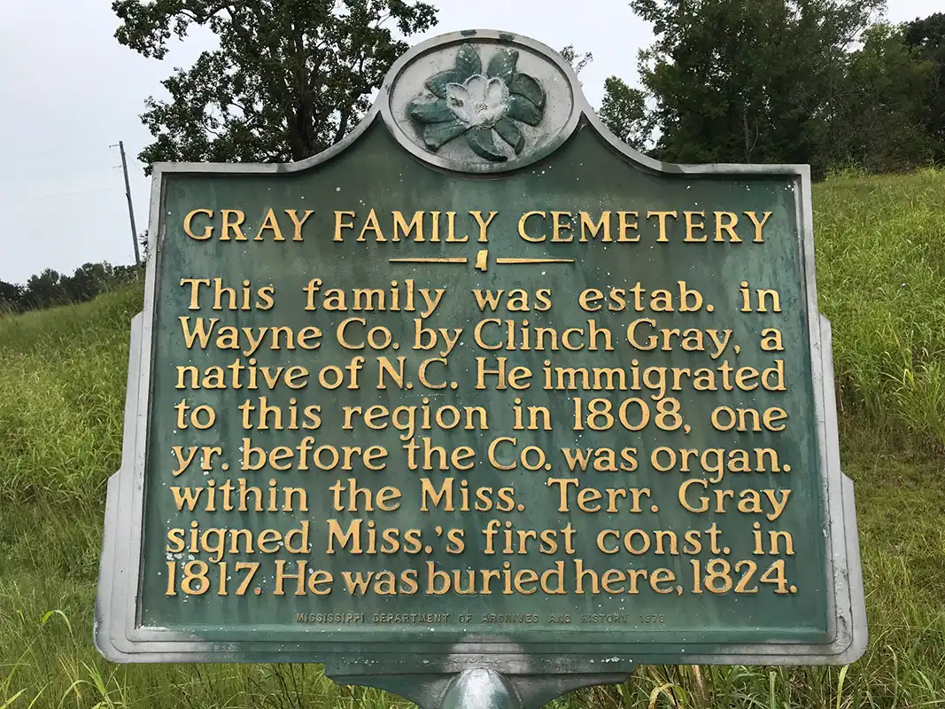 This marker for Gray Family Cemetery is north of Waynesboro on Highway 45 on the west side of the road.