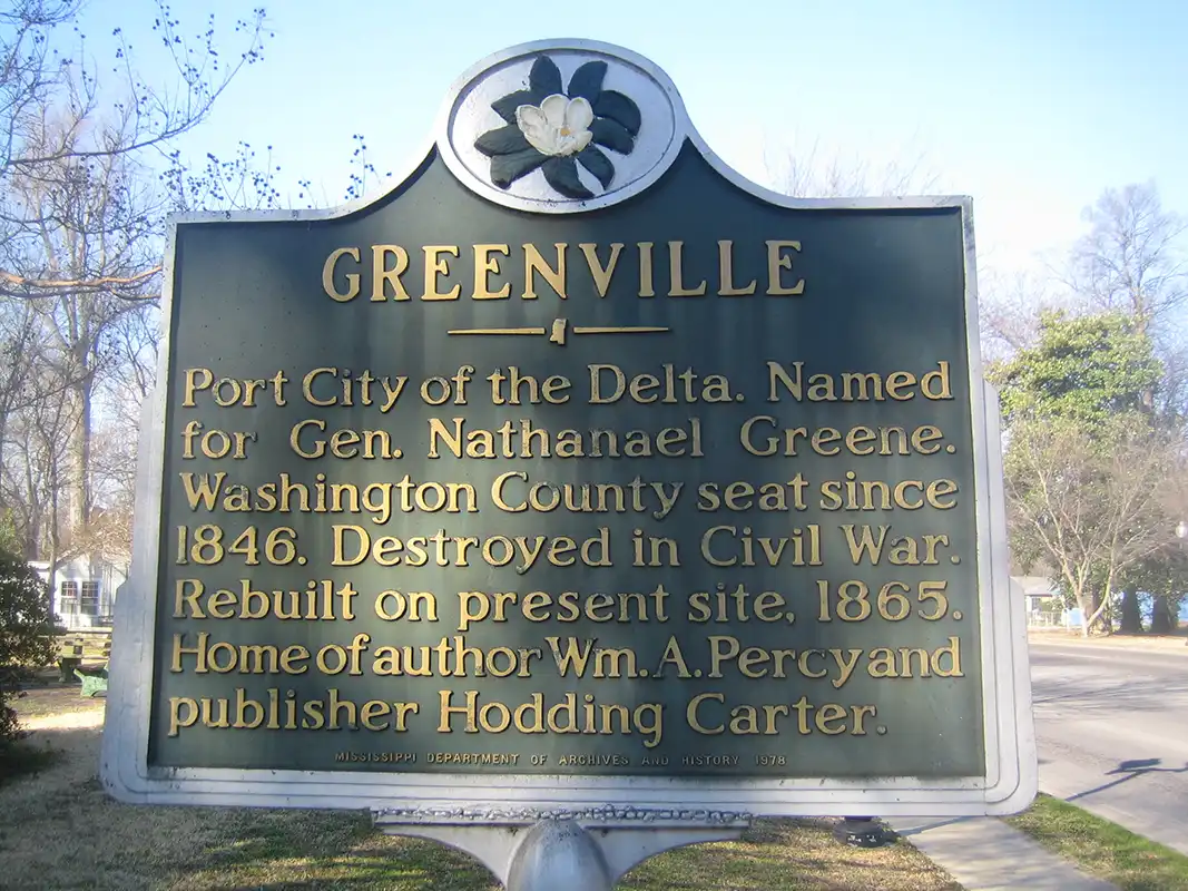 The Greenville marker is located on the corner of Highway 82 and Main Street in Fannie Arnold Park.