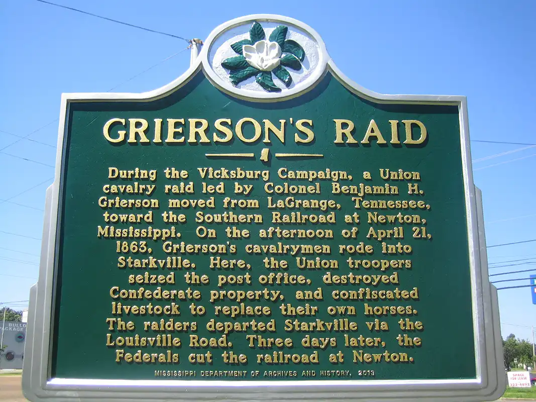 The old marker for Grierson's Raid was hit, and this new one was erected in front of Walgreens in Starkville in 2013.