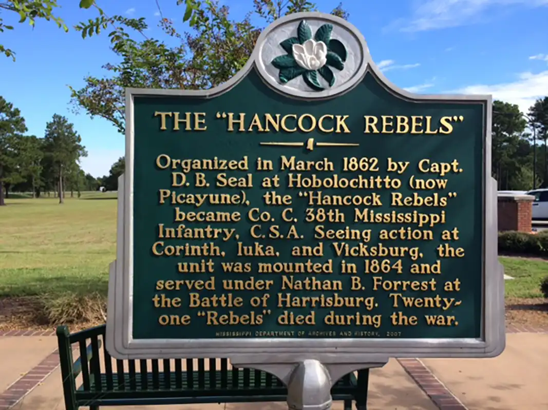 This marker, the Hancock Rebels, is at the Mississippi Welcome Center south of Picayune on I-59 North.