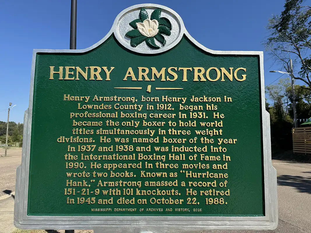 Henry Armstrong marker is on Henry Armstrong Way and 2nd Avenue North next to the Roger Short Soccer Complex in Columbus.