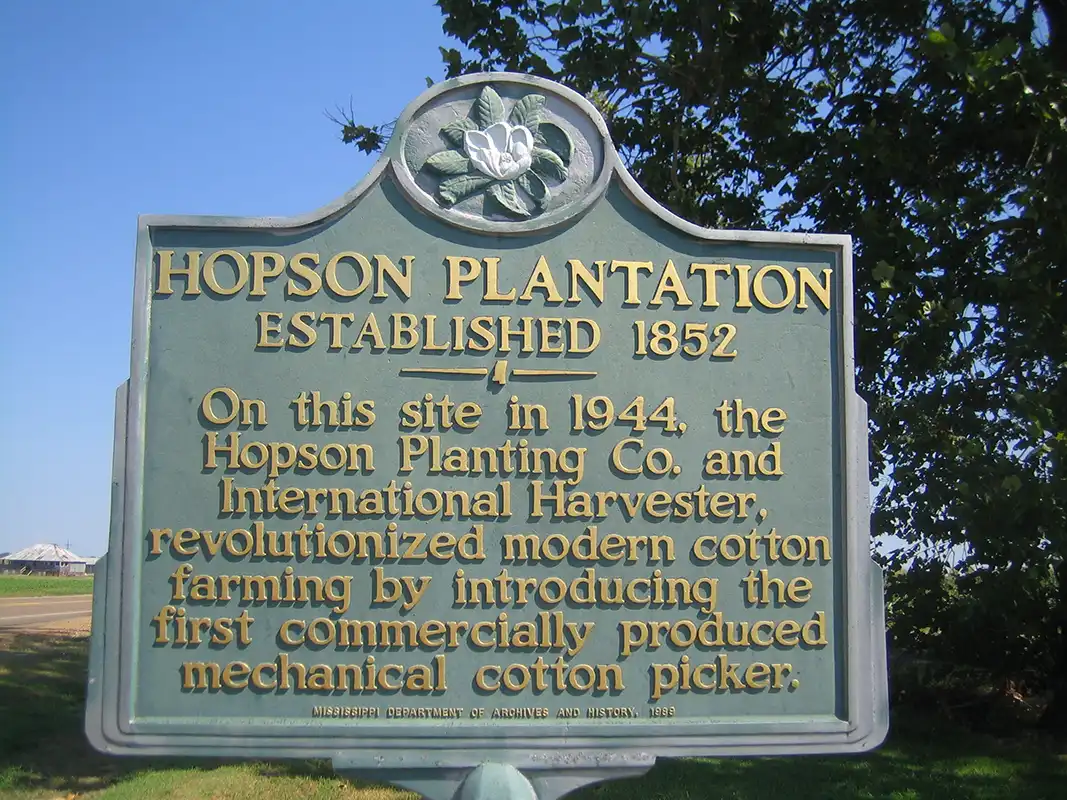 The Hopson Plantation Established 1852 marker is located at the southern entrance to Clarksdale on Highway 49.