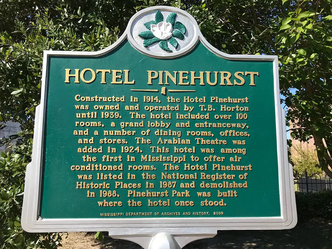 Hotel Pinehurst was in downtown Laurel across from City Hall. Marker is at the intersection of North 5th Avenue (State Highway 537) and West Oak Street.