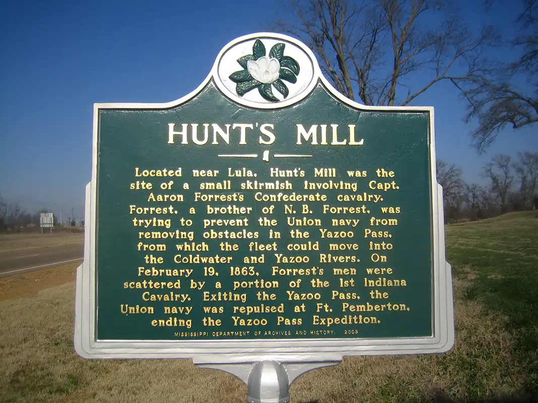 The Hunt's Mill marker is on Highway 61 at the Barbee Cemetery in Lula, about 1 mile north of the intersection with Highway 49 toward Helena.