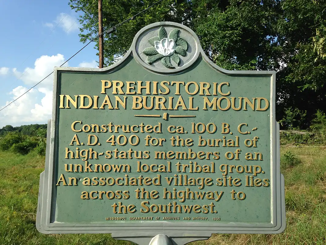 The Prehistoric Indian Burial Mound marker is on Highway 45 Alternate just south of West Point.