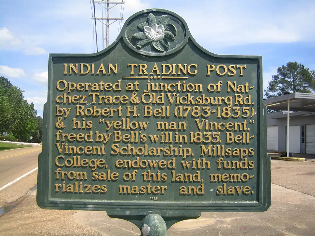 This marker for Indian Trading Post is at the intersection of Northside Drive and Old Vicksburg Road in Clinton.