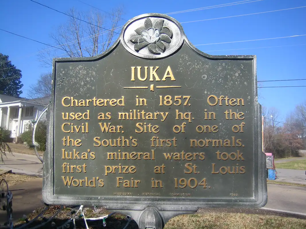 The Iuka marker is at the entrance to Mineral Springs Park on East Quitman Street at S. Aberdeen Street.