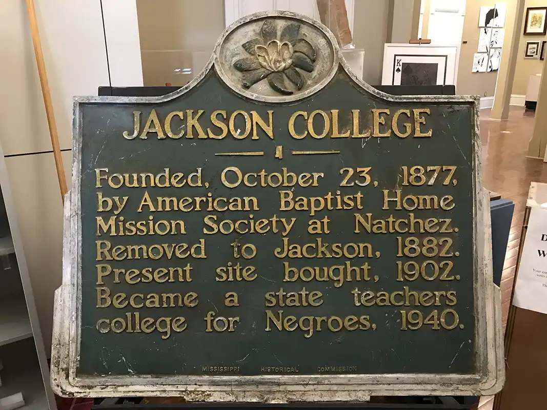 The Jackson College marker is inside Ayer Hall at the Margaret Walker Center on the campus of Jackson State University.