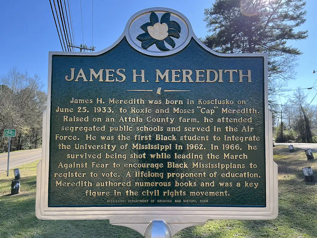 The James H. Meredith marker is on South Huntington Street at intersection with Allen Street in Kosciusko
