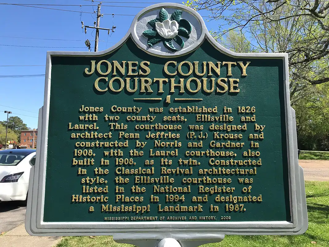 The Jones County Courthouse in Ellisville is at the corner of Hill Street and Calhoun Street.
