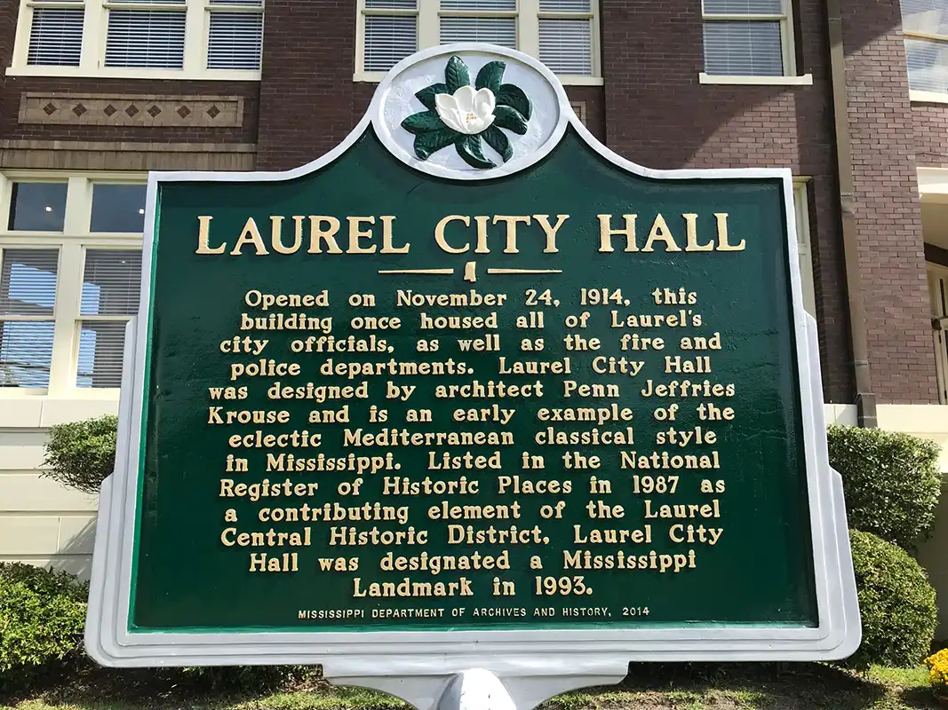 Laurel City Hall is at 401 North 5th Avenue in Laurel, across from the Hotel Pinehurst marker.