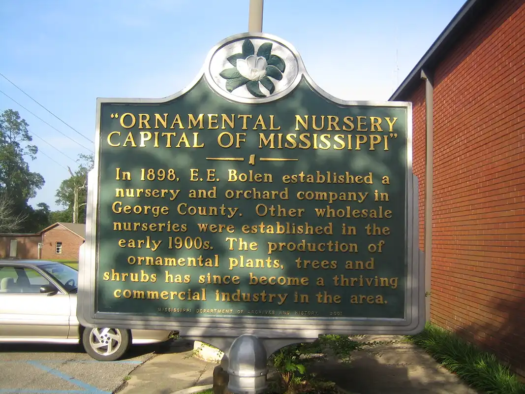 This marker for Ornamental Nursery is by the library in Lucedale in George County (corner of Oak St. and Beaver Dam Rd.).