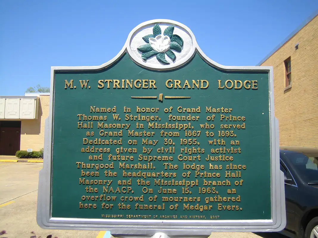 This marker for M.W. Stringer Grand Lodge is at 1072 J.R. Lynch Street on the campus of Jackson State University.