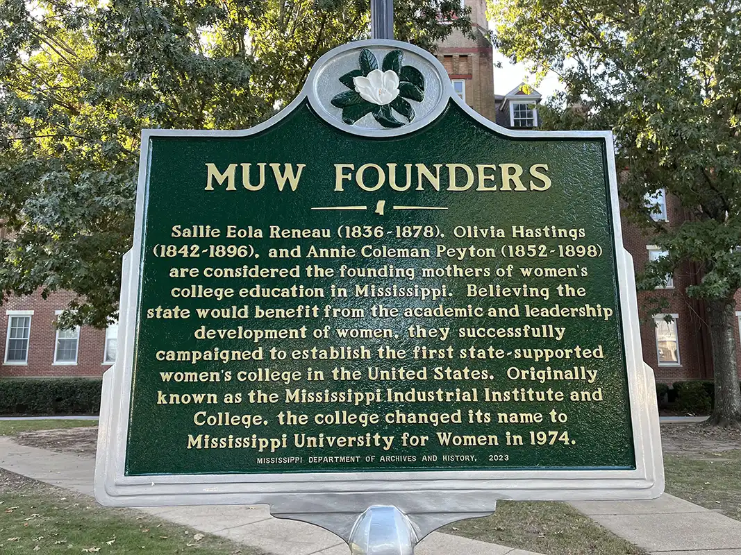 MUW Founders is in front of Callaway Hall on College Street in Columbus.